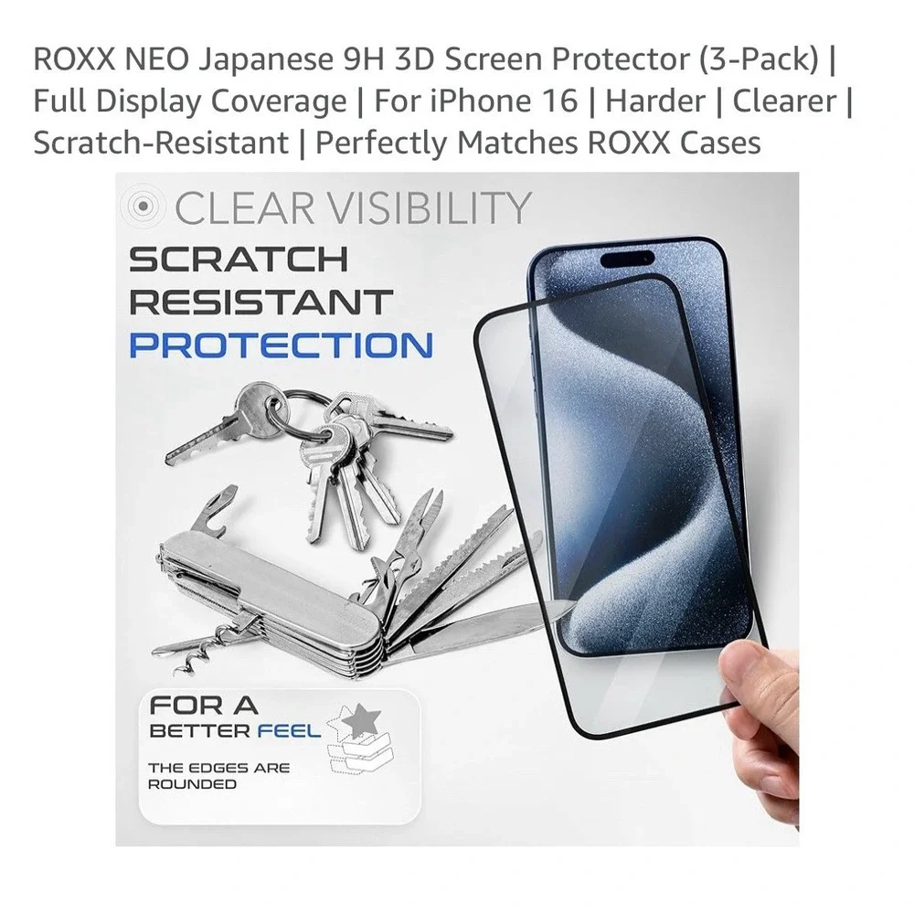 ROXX Neo‎ iPhone 16 Screen Protector 3 Pack. 3D Screen Protector.